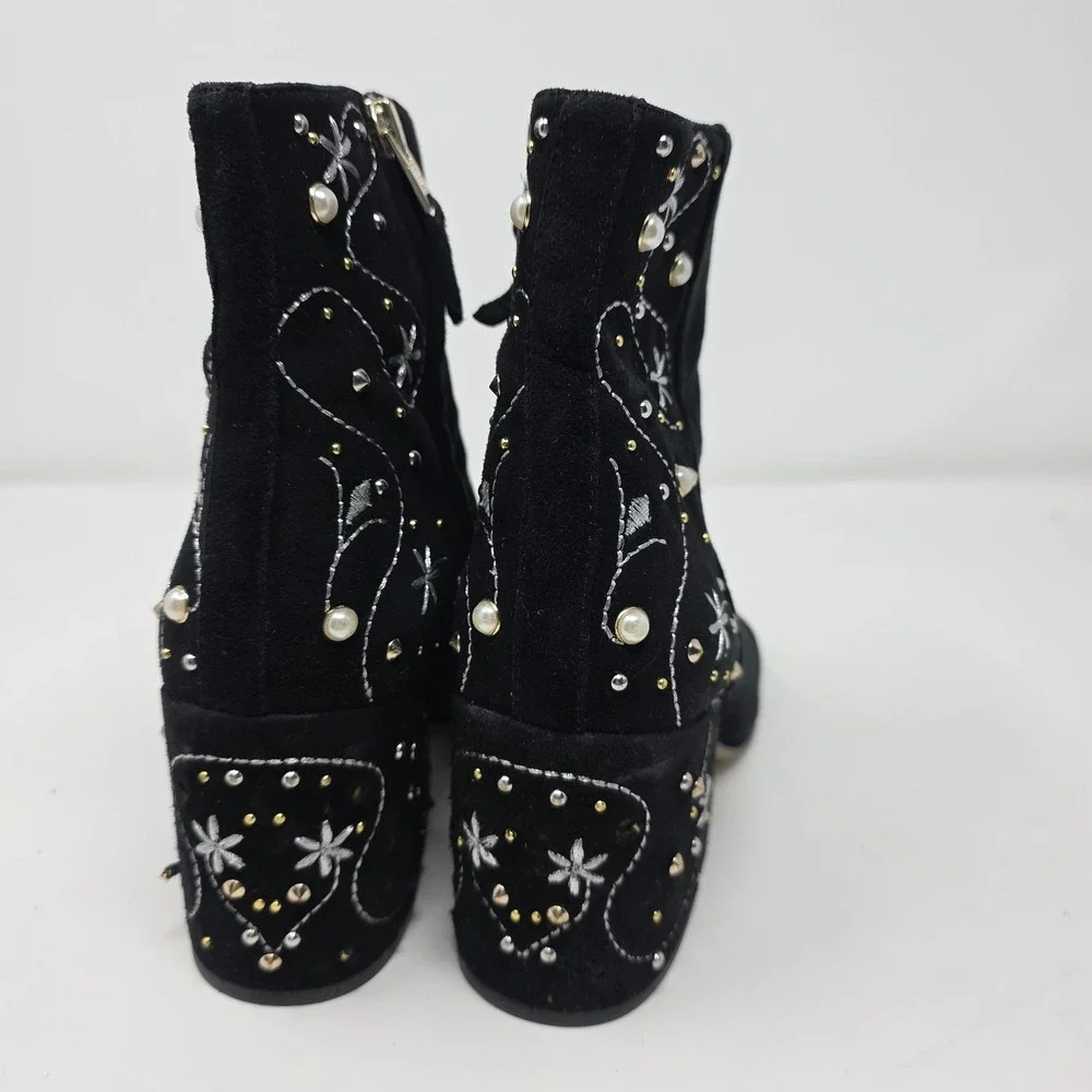 Sam Edelman Ankle Boots Womens 7.5 Black Suede Embroidered Pearl Stud Block Heel